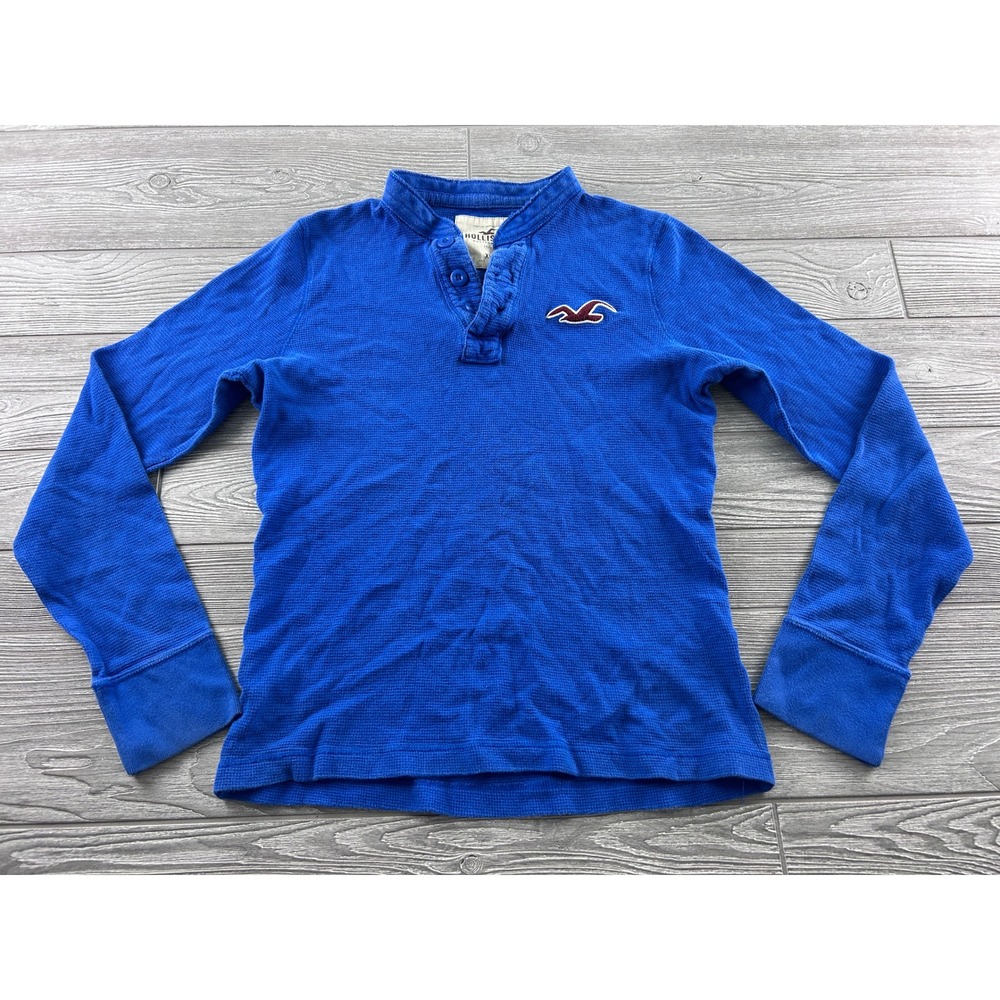 Hollister Mens XL Blue Waffle Knit Long Sleeve Henley Shirt Logo Cotton Y2K